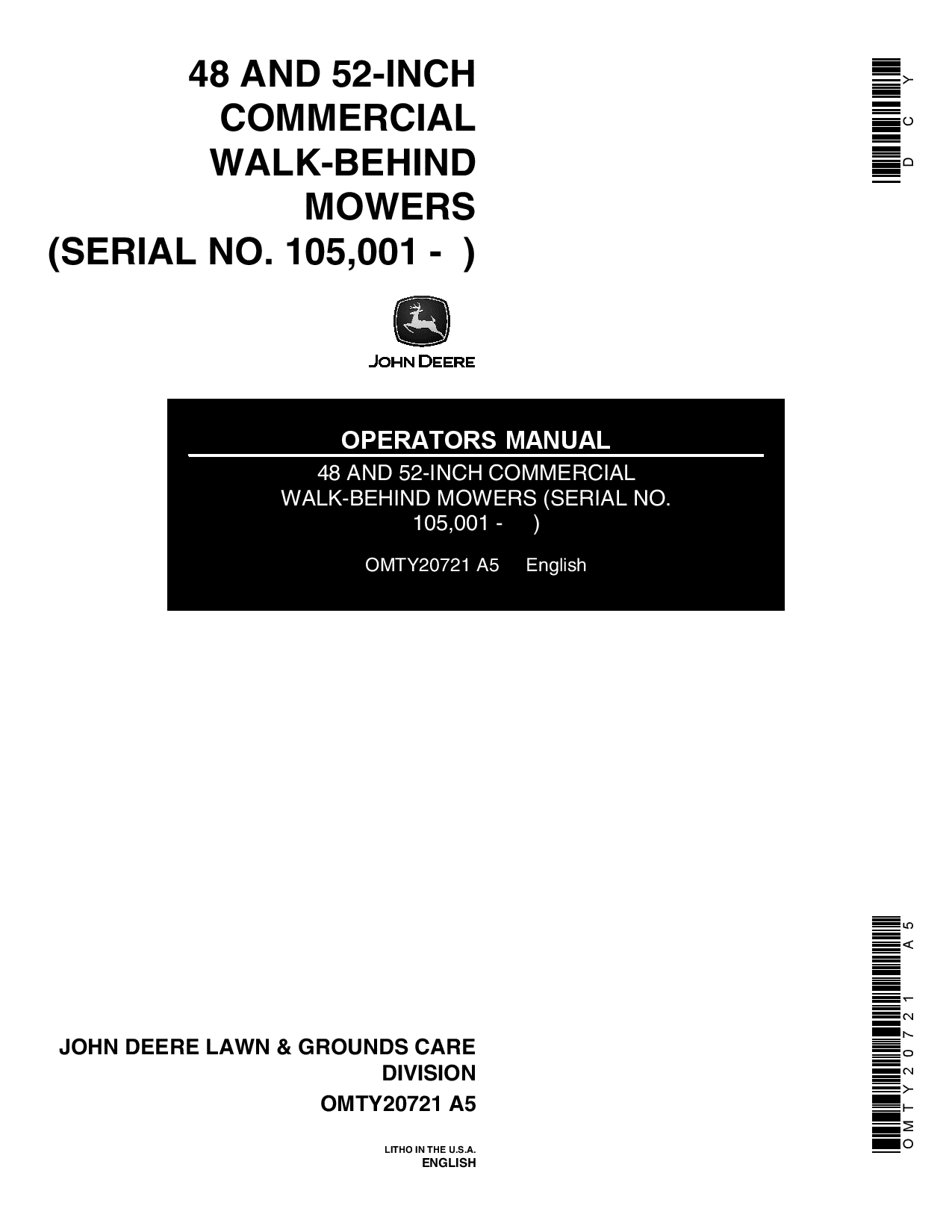 John Deere 48 52 Inch Commercial Walk Behind Mowers OMTY20721 Operation and Maintenance manual PDF Download