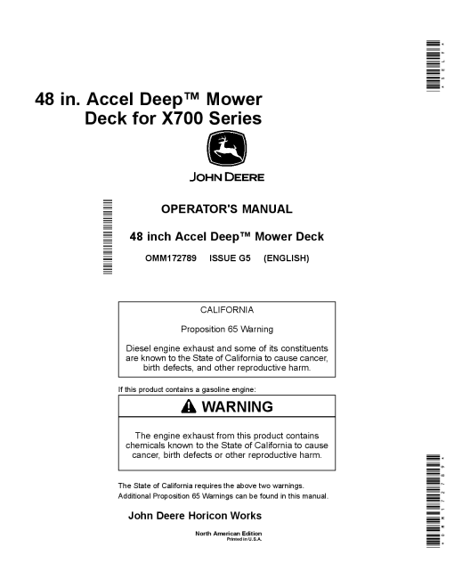 John Deere 48 Inch Accel Deep Mower Deck for X700 Series Tractors Export Edition 010001 OMM172789 Operation and Maintenance manual PDF Download