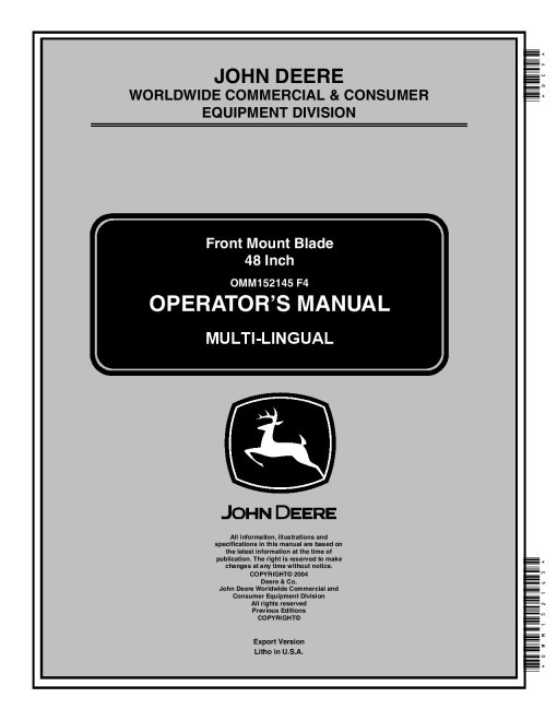 John Deere 48 Inch Front Mount Blade Export Edition 010001 OMM152145 Operation and Maintenance manual PDF Download