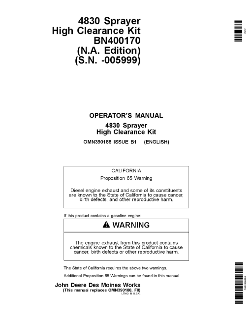 John Deere 4830 Sprayer High Clearance Kit BN400170 005999 OMN390188 Operation and Maintenance manual PDF Download