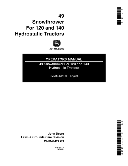 John Deere 49 Snow Thrower for 120 140 Hydrostatic Tractors OMM44472 Operation and Maintenance manual PDF Download