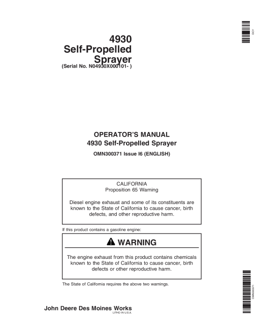 John Deere 4930 Self Propelled Sprayer 000101 OMN300371 Operation and Maintenance manual PDF Download