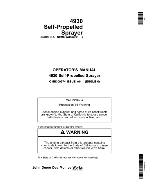John Deere 4930 Self Propelled Sprayer 008001 OMN300974 Operation and Maintenance manual PDF Download