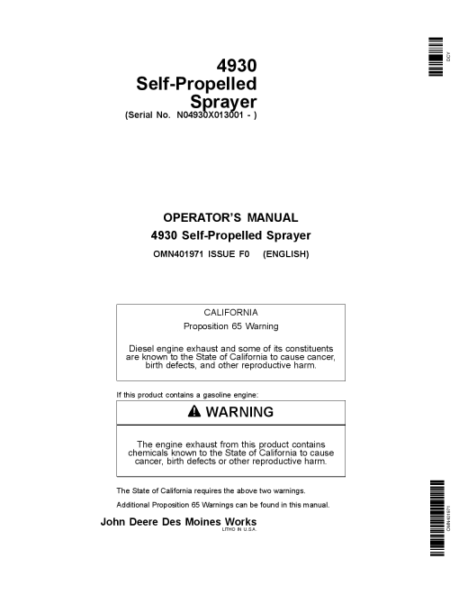 John Deere 4930 Self Propelled Sprayer 013001 OMN401971 Operation and Maintenance manual PDF Download