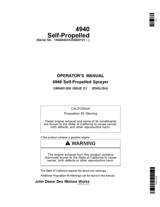 John Deere 4940 Self Propelled Sprayer 000101 OMN401209 Operation and Maintenance manual PDF Download