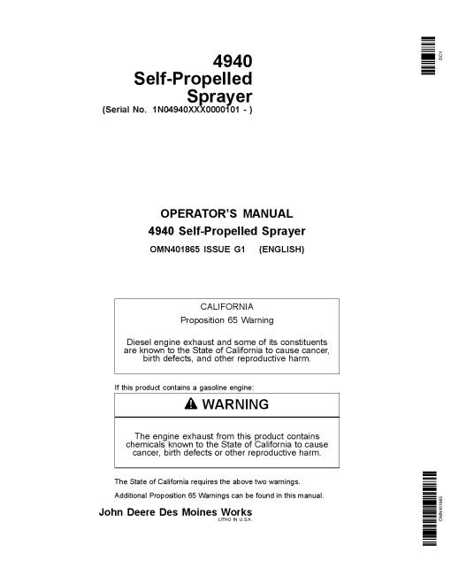 John Deere 4940 Self Propelled Sprayer 000101 OMN401865 Operation and Maintenance manual PDF Download