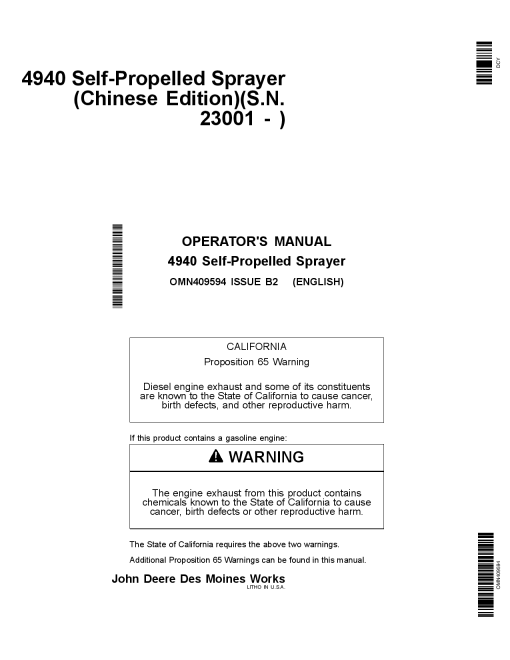 John Deere 4940 Self Propelled Sprayer 023001 OMN409594 Operation and Maintenance manual PDF Download
