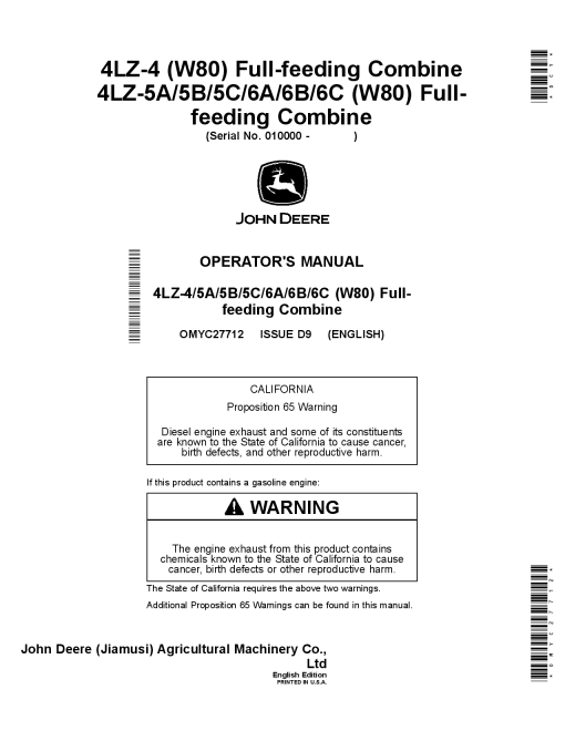John Deere 4LZ 4 W80 Full feeding Combine and 4LZ 5A 5B 5C 6A 6B 6C W80 Full feeding Combine OMYC27712 Operation and Maintenance manual PDF Download