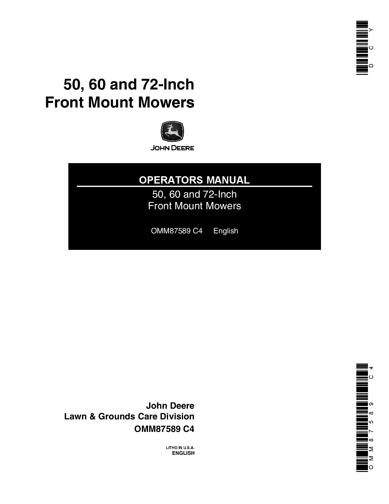 John Deere 50 60 72 Inch Front Mount Mowers OMM87589 Operation and Maintenance manual PDF Download
