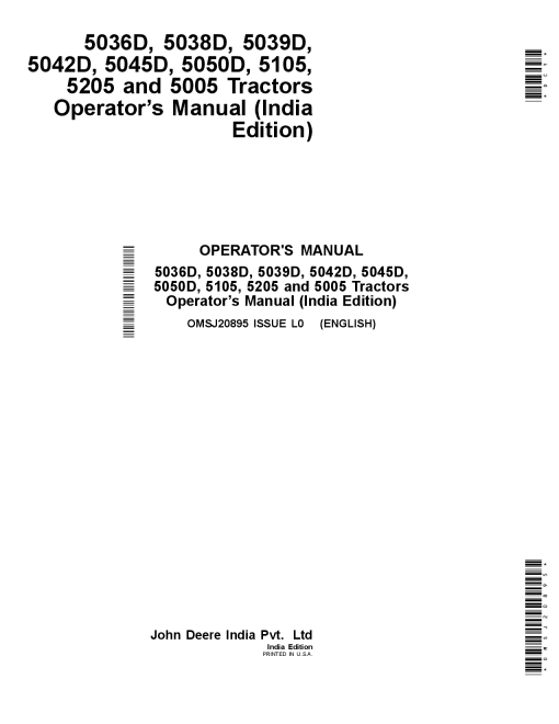 John Deere 5036D 5038D 5039D 5042D 5045D 5050D 5105 5205 and 5005 Tractors OMSJ20895 Operation and Maintenance manual PDF Download