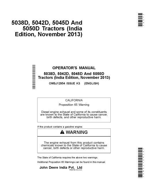 John Deere 5038D 5042D 5045D and 5050D Tractors OMSJ12954 Operation and Maintenance manual PDF Download