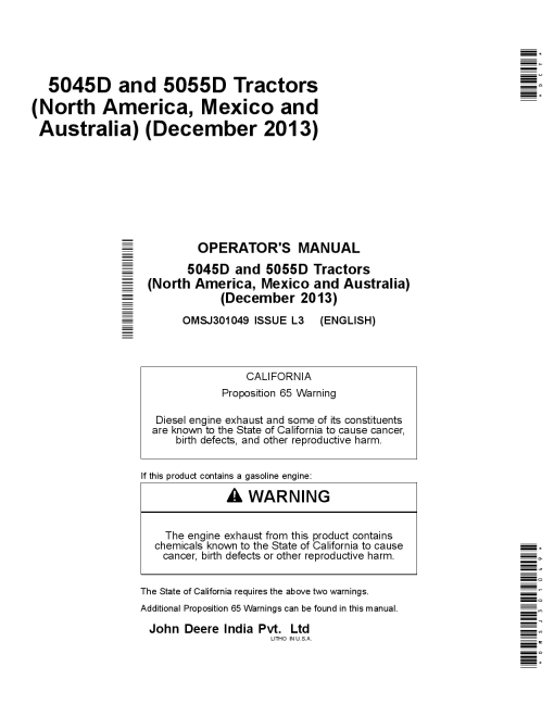 John Deere 5045D and 5055D Tractors OMSJ301049 Operation and Maintenance manual PDF Download
