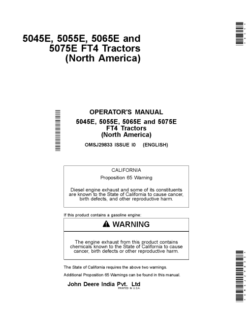John Deere 5045E 5055E 5065E and 5075E FT4 Tractors MY2014 OMSJ29833 Operation and Maintenance manual PDF Download