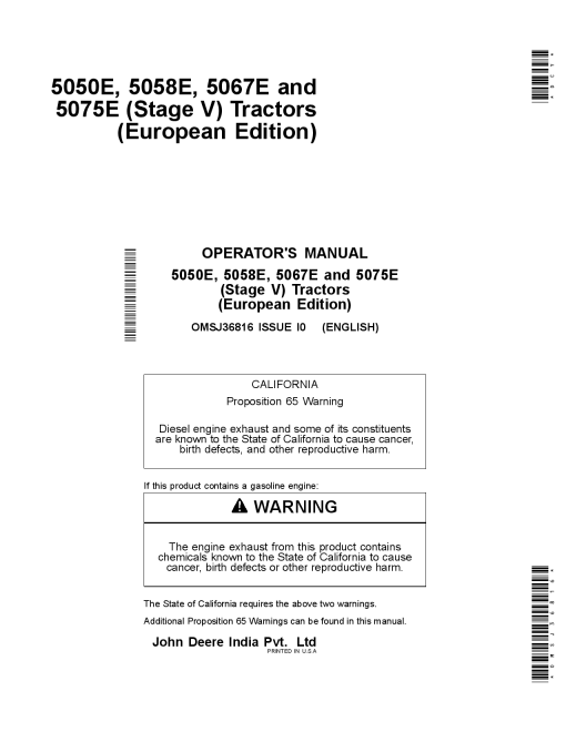 John Deere 5050E 5058E 5067E and 5075E Stage V Tractors 045554 OMSJ36816 Operation and Maintenance manual PDF Download