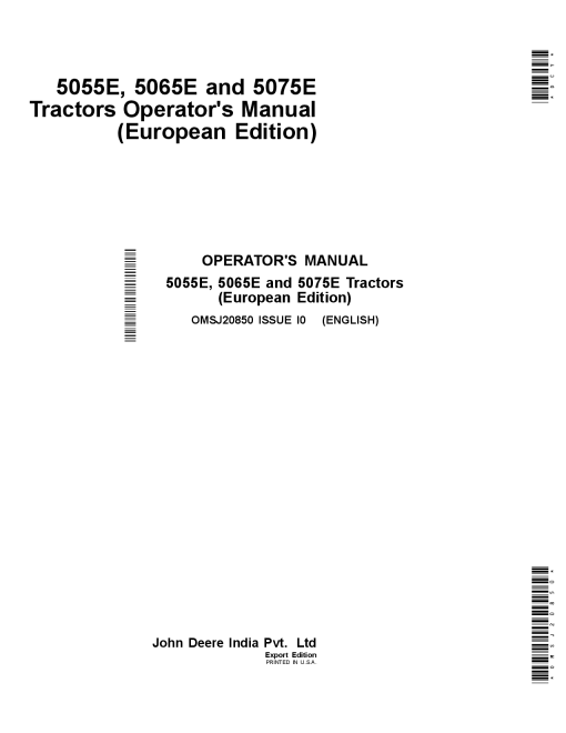 John Deere 5055E 5065E and 5075E Tractors European Edition MY2010 MY2018 OMSJ20850 Operation and Maintenance manual PDF Download