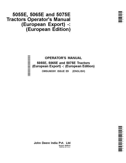 John Deere 5055E 5065E and 5075E Tractors Manufactured in India OMSU60391 Operation and Maintenance manual PDF Download