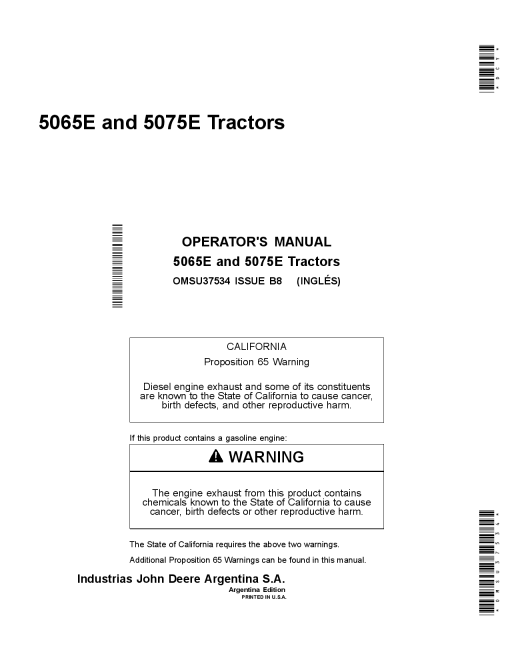John Deere 5065E and 5075E Tractors OMSU37534 Operation and Maintenance manual PDF Download