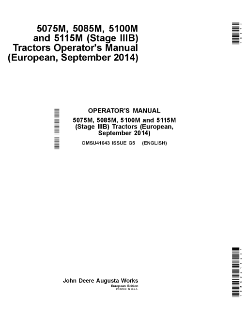 John Deere 5075M 5085M 5100M 5115M Tractors Mfg in USA OMSU41643 Operation and Maintenance manual PDF Download