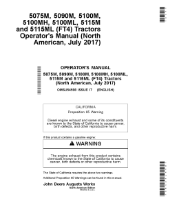 John Deere 5075M 5090M S100M 5100MH 5100ML 5115M 5115ML FT4 Tractors OMSU54598 Operation and Maintenance manual PDF Download