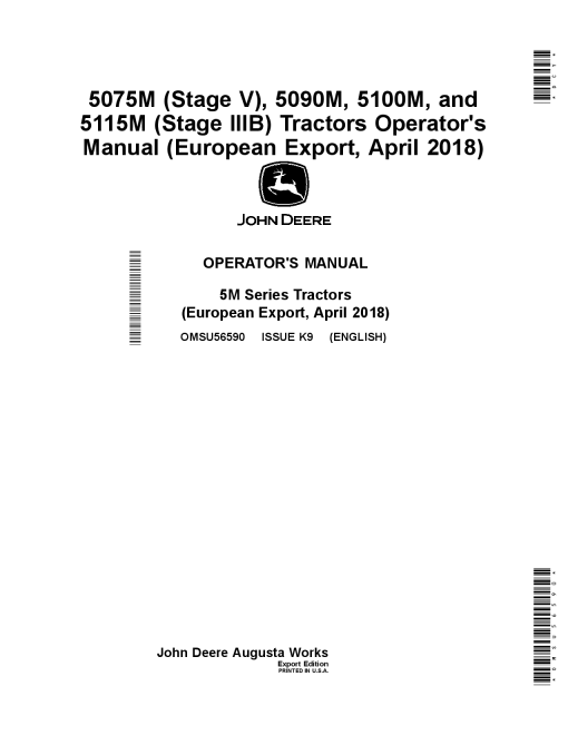 John Deere 5075M Stage V 5090M S100M and 5115M Stage IIIB Tractors Export with European Configurations OMSU56590 Operation and Maintenance manual PDF Download
