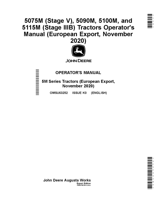 John Deere 5075M Stage V. 5090M. 5100M. and 5115M Stage IIIB Tractors Export with European Configuration November 2020 OMSU63252 Operation and Maintenance manual PDF Download