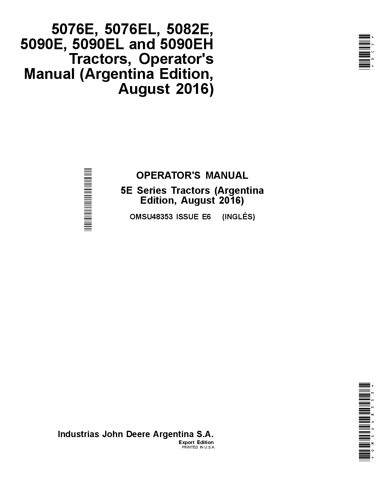 John Deere 5076E 5076EL 5082E 5090E 5090EL 5090EH Tractors Argentina Edition OMSU48353 Operation and Maintenance manual PDF Download