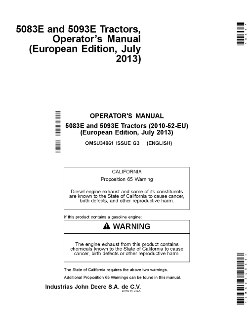 John Deere 5083E 5093E Tractors OMSU34861 Operation and Maintenance manual PDF Download