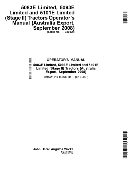 John Deere 5083E Limited 5093E Limited and 5101 E Limited Stage II 340000 OMSJ11016 Operation and Maintenance manual PDF Download
