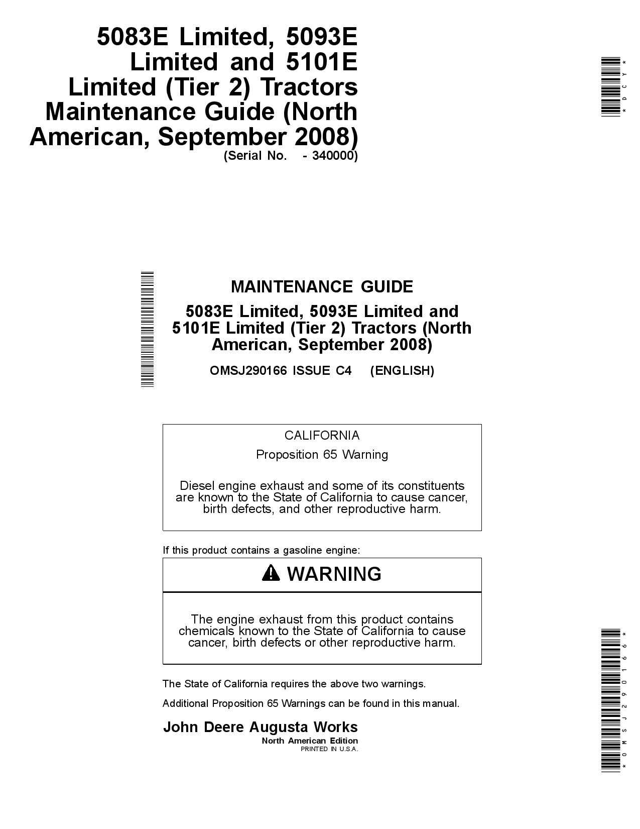 John Deere 5083E Limited 5093E Limited and 5101 E Limited Tier 2 Tractors Maintenance Guide September 2008 340000 OMSJ290166 Operation and Maintenance manual PDF Download