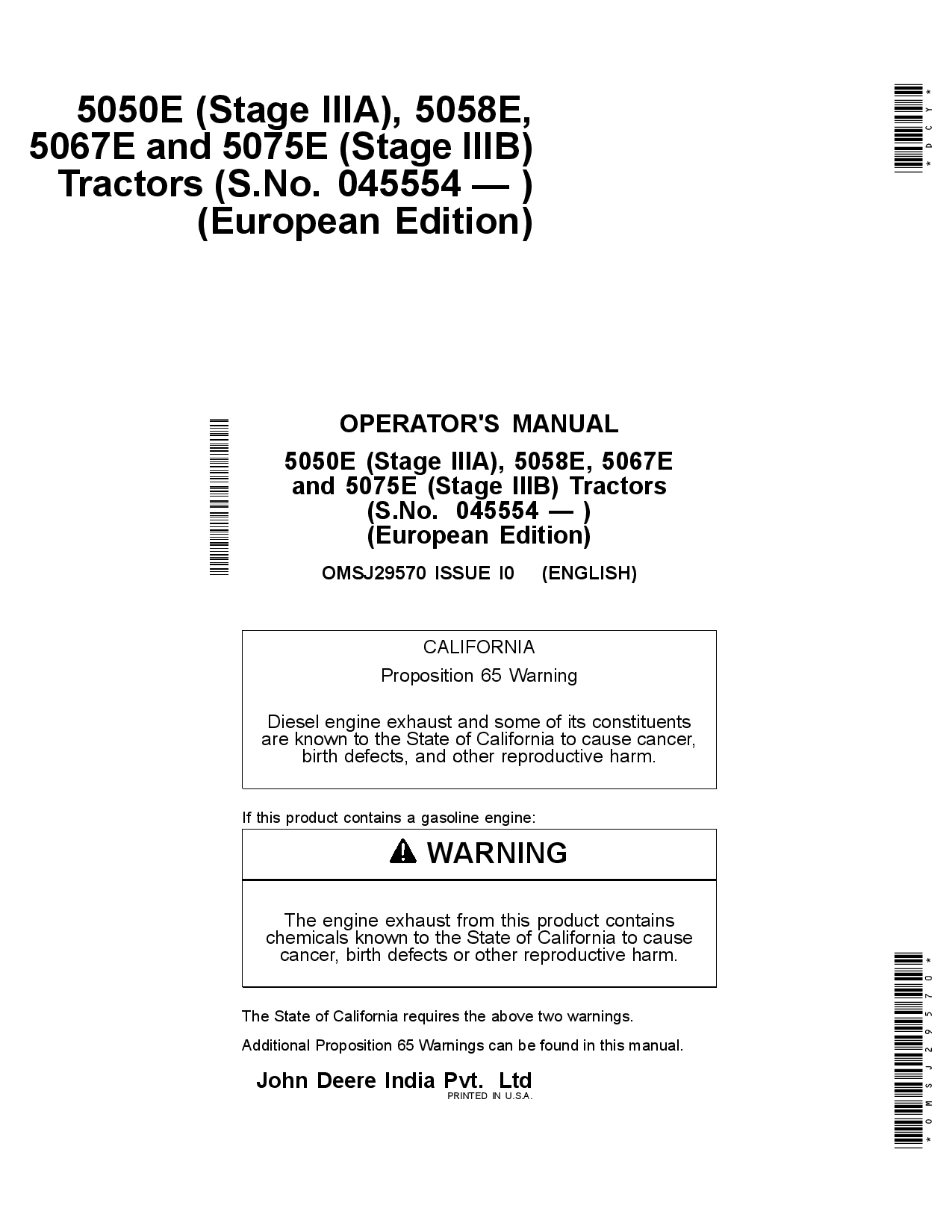 John Deere 5083E Limited 5093E Limited and 5101 E Limited Tier 2 Tractors Operators Manual September 2008 340000 OMSJ29570 Operation and Maintenance manual PDF Download
