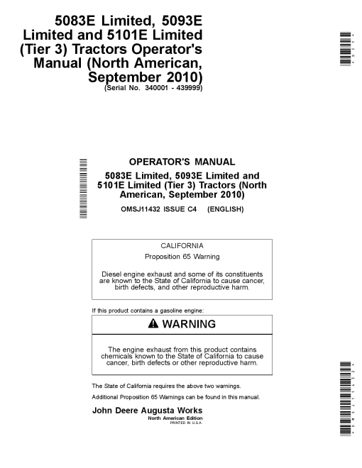 John Deere 5083E Limited 5093E Limited and 5101 E Limited Tier3 340001 439999 OMSJ11432 Operation and Maintenance manual PDF Download