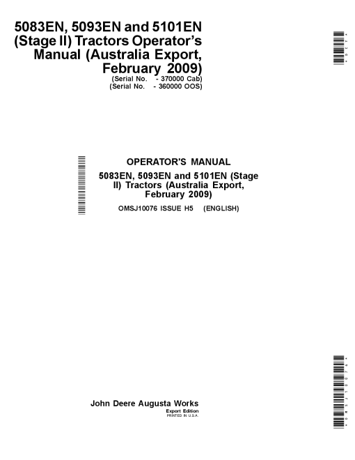 John Deere 5083EN SO93EN and 5101 EN Stage II Tractors 360000 OOS 370000 Cab OMSJ10076 Operation and Maintenance manual PDF Download