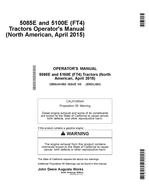 John Deere 5085E 5100E FT4 Tractors April 2015 OMSU41692 Operation and Maintenance manual PDF Download