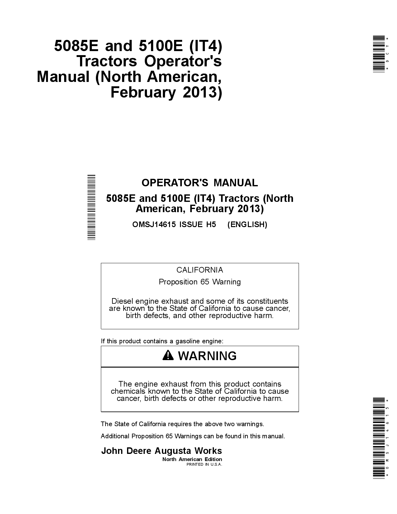 John Deere 5085E 5100E IT4 Tractor February 2013 OMSJ14615 Operation and Maintenance manual PDF Download