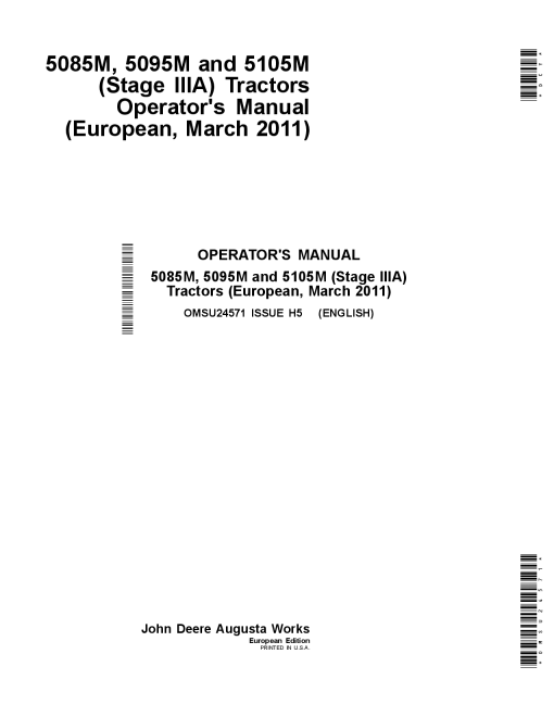 John Deere 5085M 5095M and 5105M Stage IIIA Tractors Operators Manual March 2011 OMSU24571 Operation and Maintenance manual PDF Download