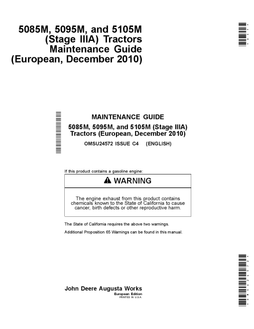 John Deere 5085M 5095M and S1OSM Stage IIIA Tractors Maintenance Guide December 2010 OMSU24572 Operation and Maintenance manual PDF Download