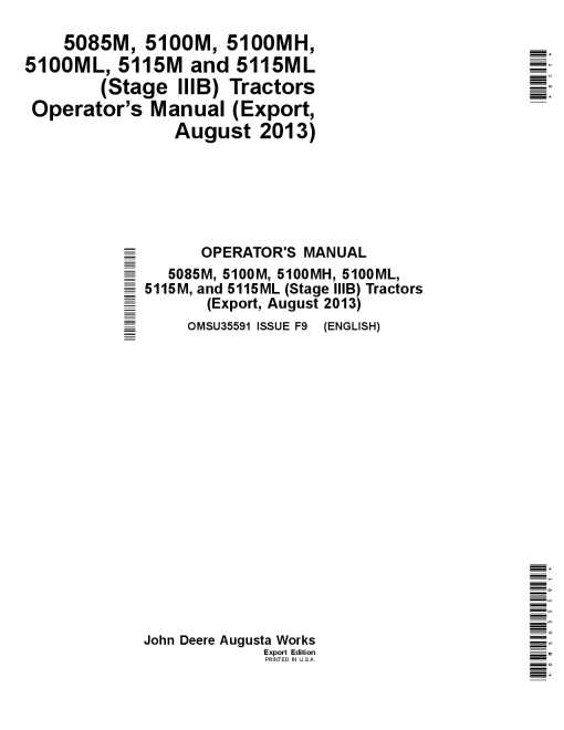 John Deere 5085M 5100M 5100MH 51 OOML 5115M and 5115ML Stage IIIB Tractors OMSU35591 Operation and Maintenance manual PDF Download