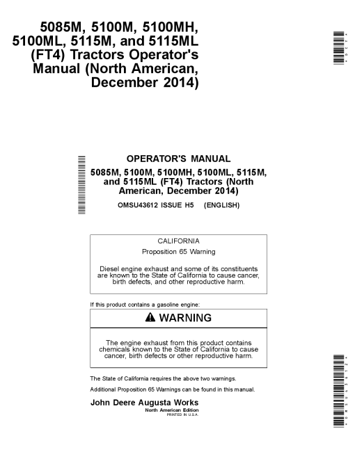 John Deere 5085M 5100M 5100MH 5100ML 5115M 5115ML Tractors Fr4 Engines Mfg in USA OMSU43612 Operation and Maintenance manual PDF Download