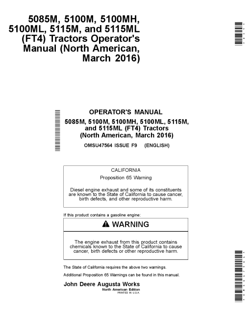 John Deere 5085M 5100M 5100MH 5100ML 5115M and 5115ML FT4 Tractors OMSU47564 Operation and Maintenance manual PDF Download