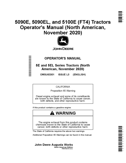 John Deere 5090E 5090EL. and 5100E FT4 Tractors November 2020 OMSU63301 Operation and Maintenance manual PDF Download