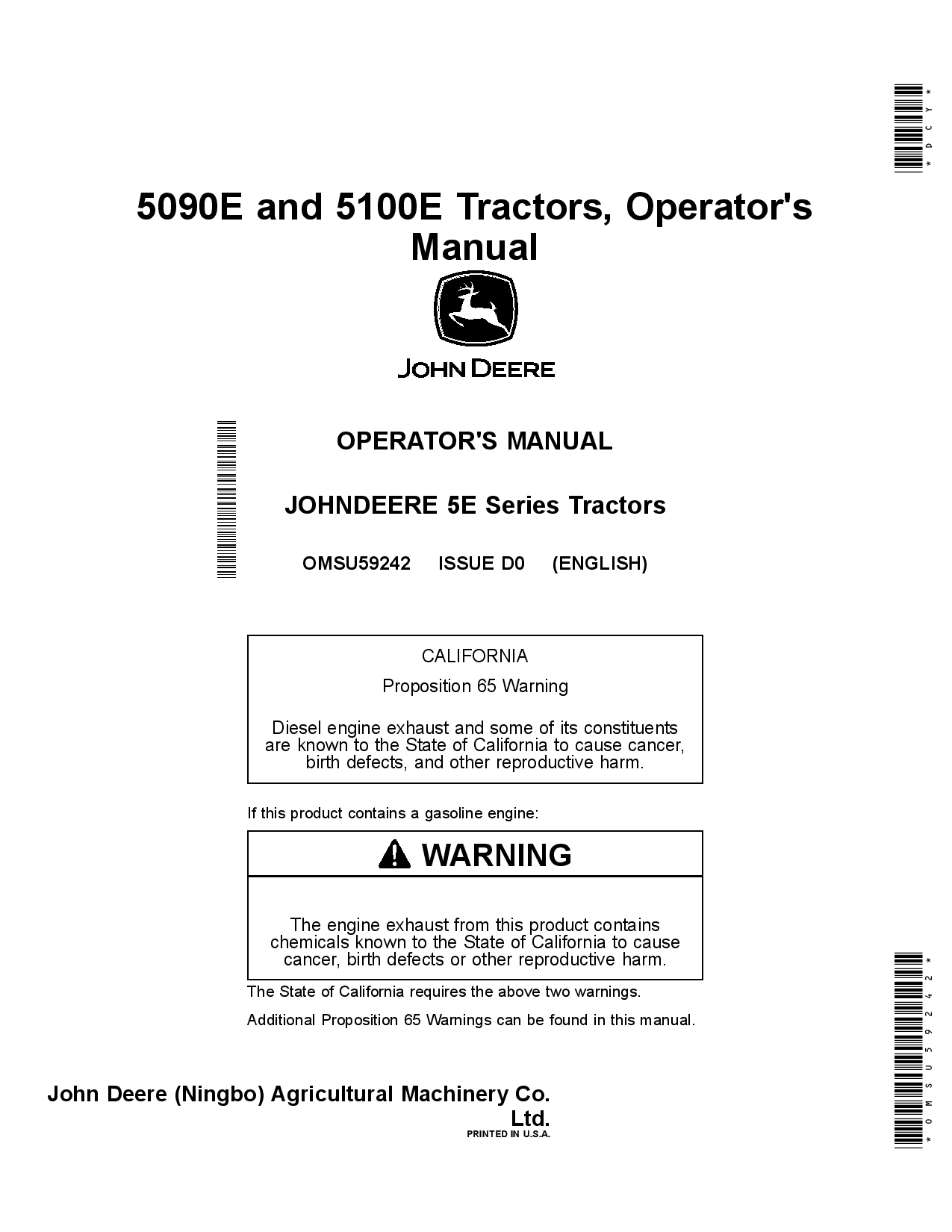 John Deere 5090E and 5100E Tractors MY2020 OMSU59242 Operation and Maintenance manual PDF Download