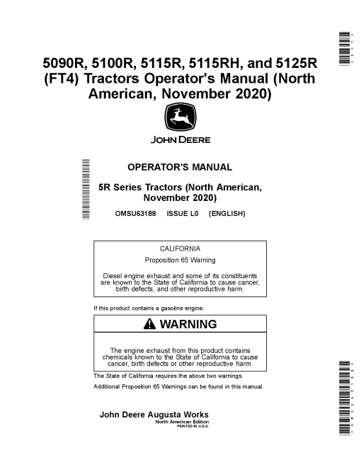 John Deere 5090R 5100R 5115R 5115RH and 5125R FT4 Tractors November 2020 OMSU63188 Operation and Maintenance manual PDF Download