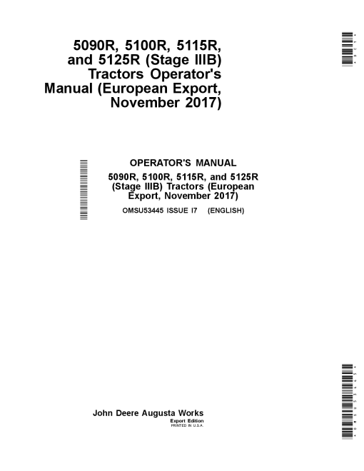 John Deere 5090R 5100R 5115R 5125R Stage IIIB Tractors Exp w Euro Configurations OMSU53445 Operation and Maintenance manual PDF Download
