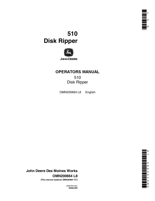 John Deere 510 Disk Ripper OMN200664 Operation and Maintenance manual PDF Download