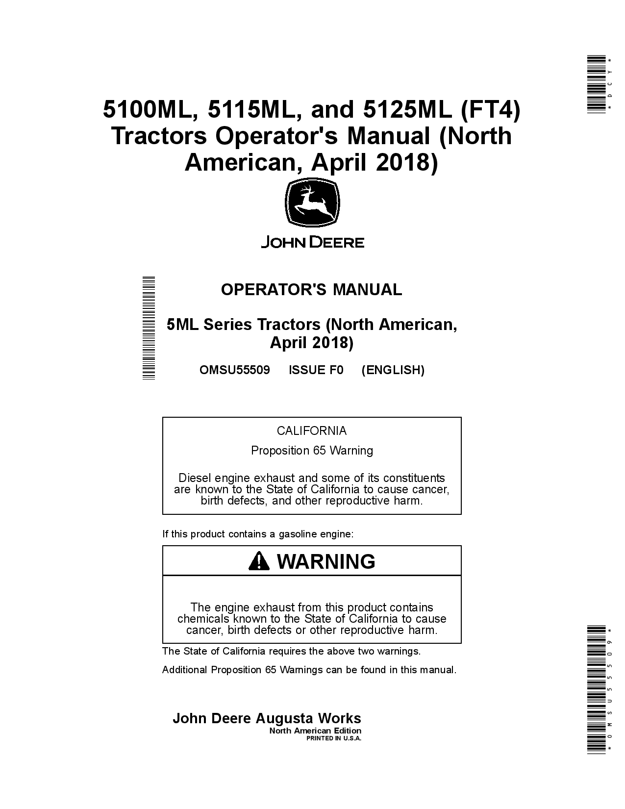 John Deere 5100ML 5115ML and 5125ML FT4 Tractors April 2018 OMSU55509 Operation and Maintenance manual PDF Download