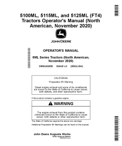 John Deere 5100ML 5115ML. and 5125ML FM Tractors November 2020 OMSU63258 Operation and Maintenance manual PDF Download
