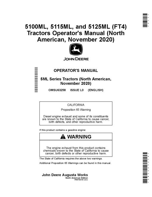 John Deere 5100ML 5115ML. and 5125ML FM Tractors November 2020 OMSU63258 Operation and Maintenance manual PDF Download