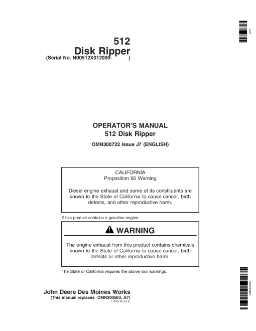 John Deere 512 Disk Ripper 012000 OMN300722 Operation and Maintenance manual PDF Download