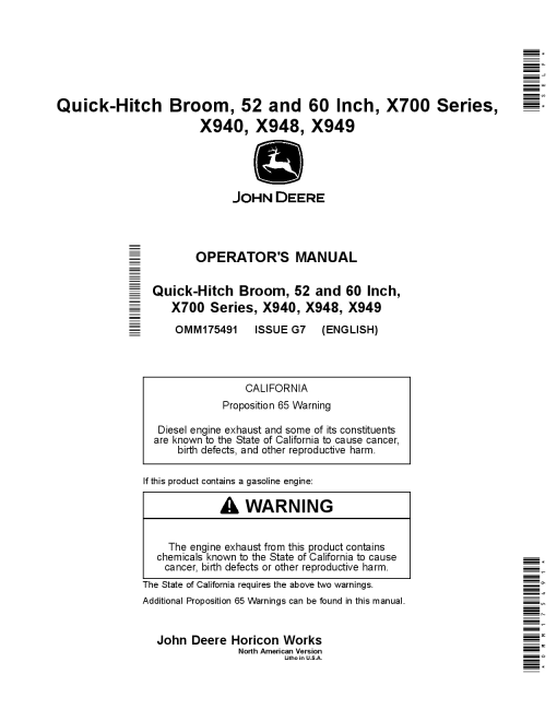 John Deere 52 60 Inch Quick Hitch Broom X700 X900 Series Tractors with Serial Numbers 040001 above OMM175491 Operation and Maintenance manual PDF Download