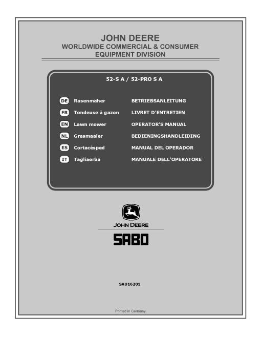 John Deere 52 S A and 52 PRO S A Lawn Mowers SAU16201 Operation and Maintenance manual PDF Download